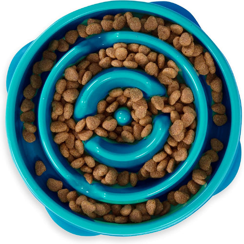 Medium Fun Feeder Slo Bowl - 2-Cup Capacity for Slow Feeding, Suitable for Small to Medium Dogs and Cats, Non-Slip Design in Turquoise with Drop Pattern