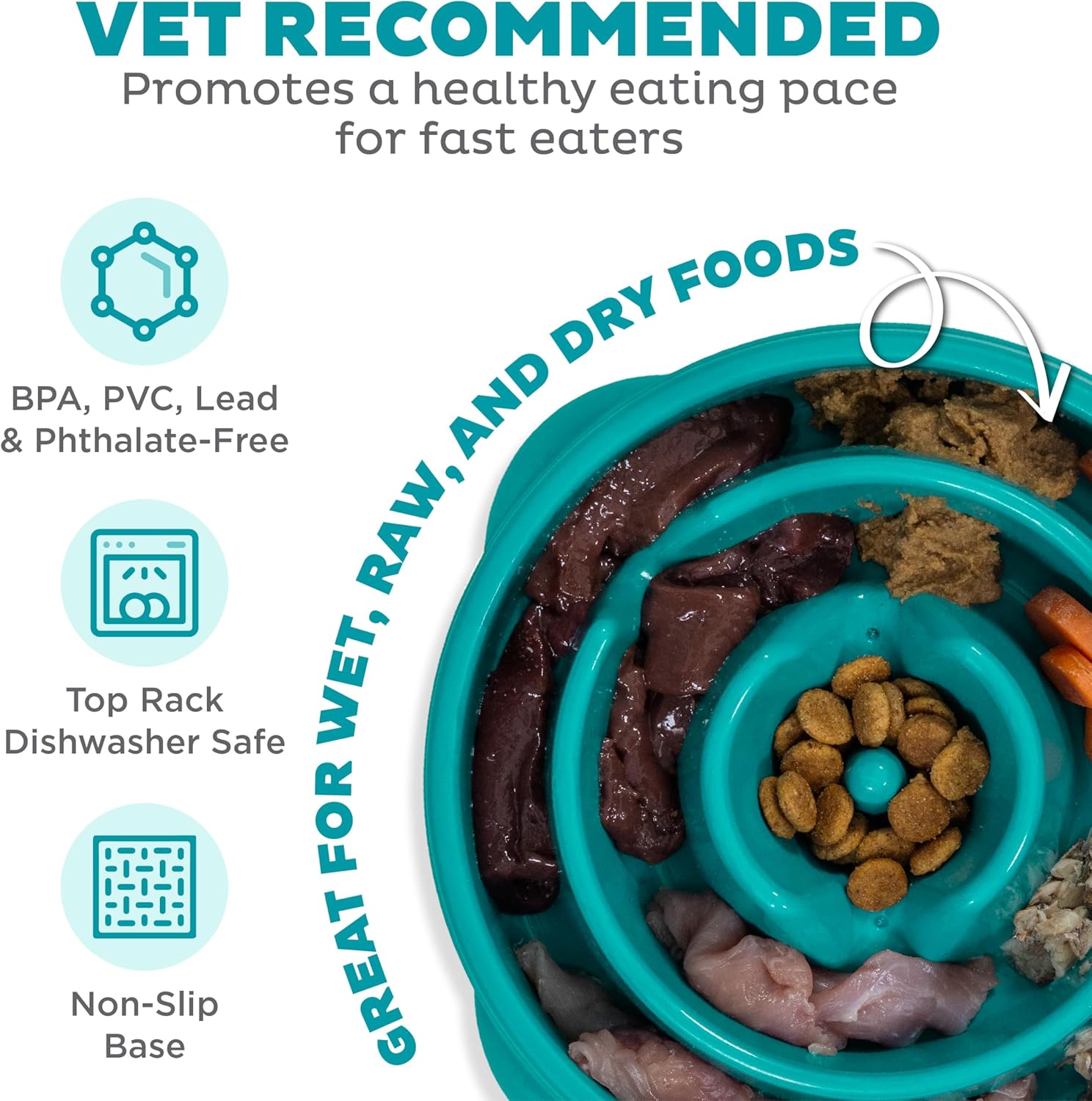 Medium Fun Feeder Slo Bowl - 2-Cup Capacity for Slow Feeding, Suitable for Small to Medium Dogs and Cats, Non-Slip Design in Turquoise with Drop Pattern