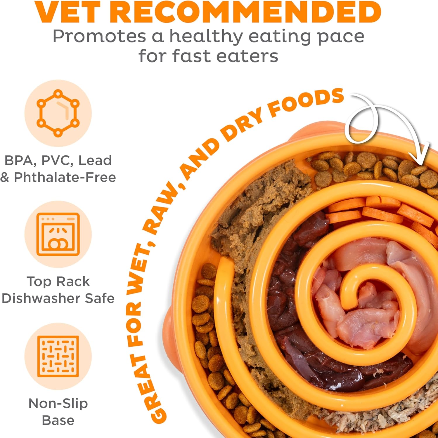 Storeroomx Slow Feeder Bowl – Large 4‑Cup Capacity, Slow Feeding, Medium to Large Dogs, Non‑Slip, Orange, Swirl Pattern